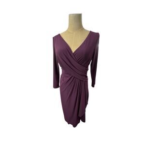 "Chaps" Women Purple Babydoll Ruched Dress Sz S 3/4 Sleeve Midi Office Work Wear